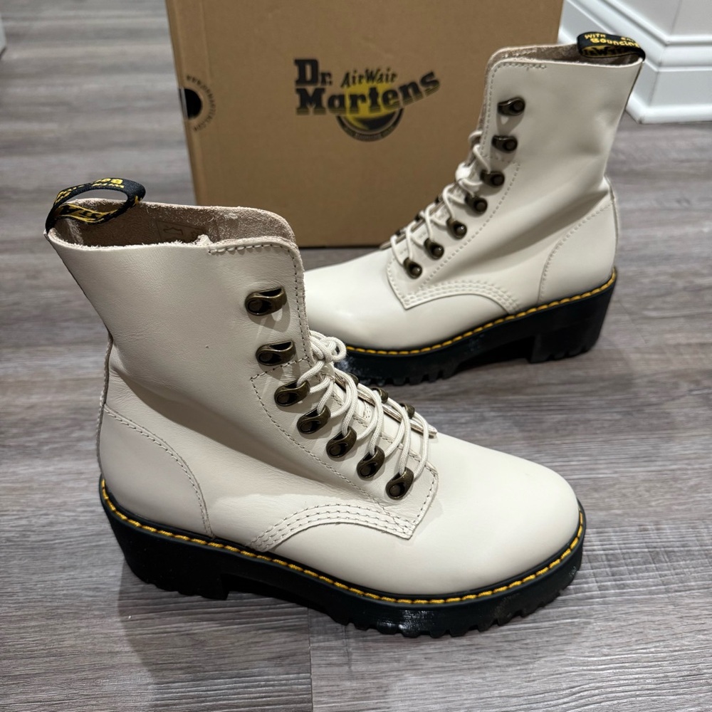 Dr Martens Leona Bone Mollis Leather Lace Up Heeled Combat Boots